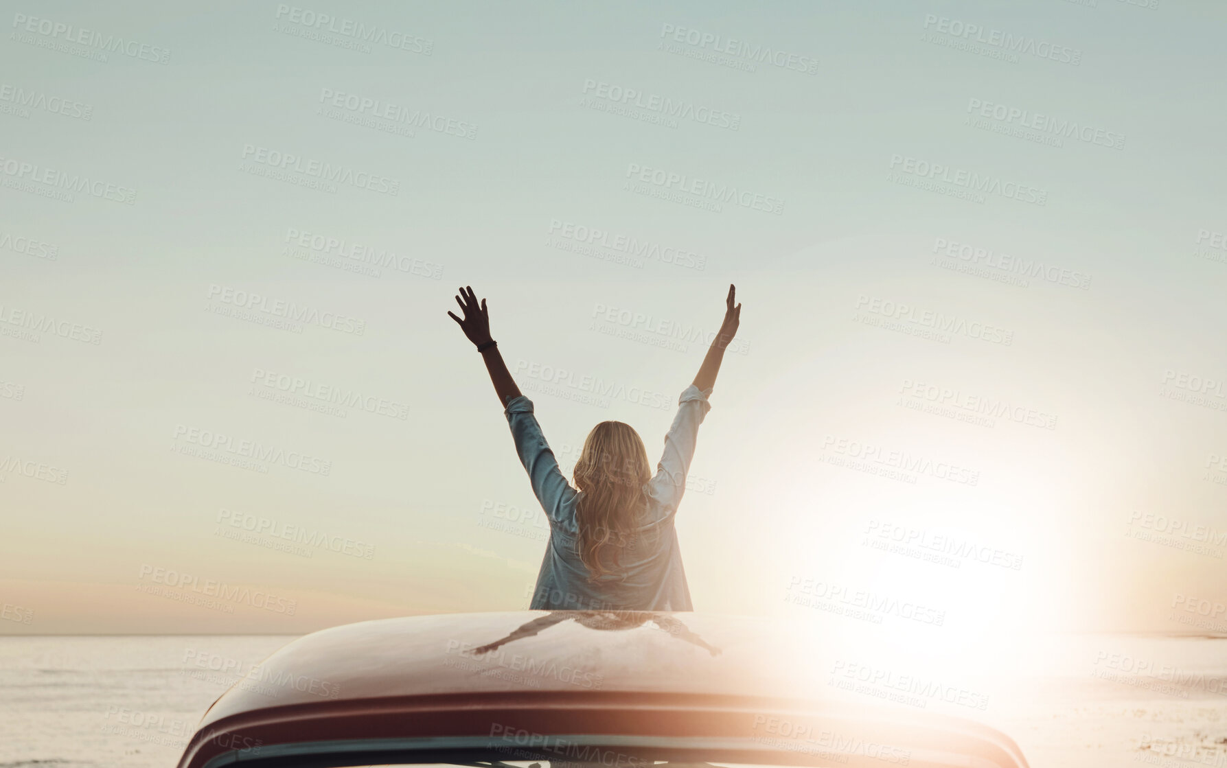 Buy stock photo Freedom, road trip and woman by car at beach watching sunset on summer vacation or holiday. Travel, celebration and back of person by sea with vehicle for adventure with self discovery in Italy.