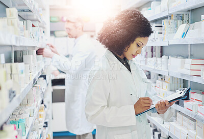 Buy stock photo Clipboard, healthcare and woman with inventory in pharmacy for product ingredients information. Medical, checklist and female pharmacist writing prescription for medication in chemist dispensary.