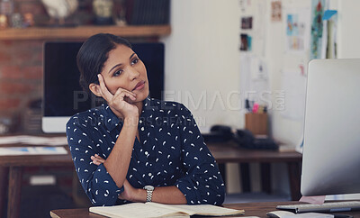 Buy stock photo Woman, thinking and office with business, planning and email search with computer. Idea, online worker and employee with daydream for creative brainstorming for interior design project with tech