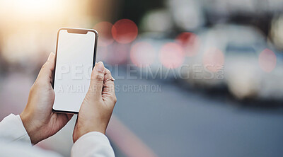 Buy stock photo Mockup, phone screen and hands of woman in city for networking, online website and social media ui. Communication, mobile app and female person on smartphone for promotion, blank space and branding