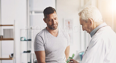 Buy stock photo Doctor, man and patient in consultation or healthcare with insulin pen for diabetes, injection and treatment. Senior professional, health insurance and glucose check with blood pressure and checkup