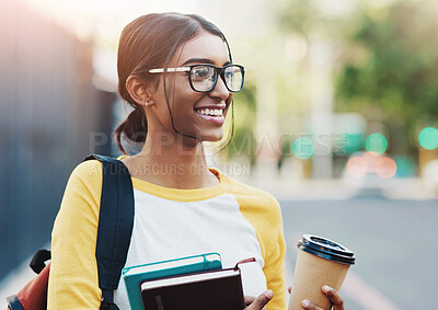 Buy stock photo City walk, books and happy woman, student or person on commute journey to university, college or high school. Sidewalk, education study and Indian girl smile for learning, studying or scholarship