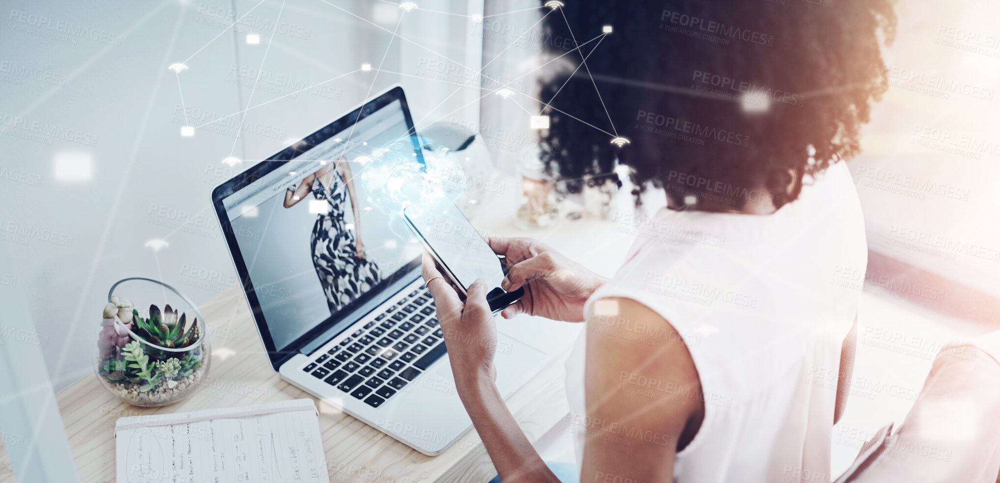 Buy stock photo Laptop screen, phone and fashion woman typing, planning and networking for e commerce, business and creativity. Creative person in rear on mobile app, computer and notebook for clothes design online