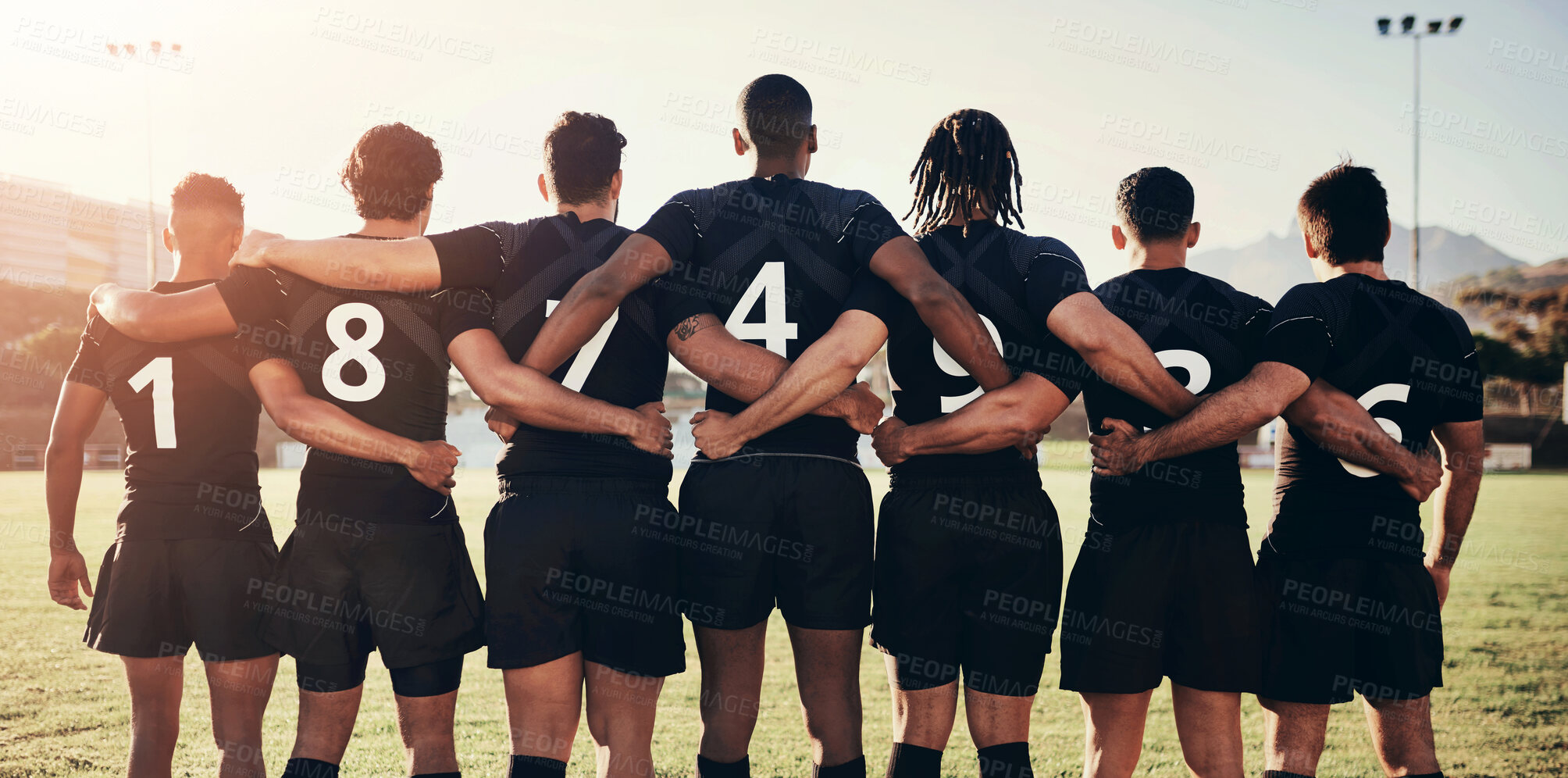 Buy stock photo Back, team and support on field for rugby, synergy and solidarity for tournament competition. Fitness sport, men or unity on stadium for game, challenge motivation or collaboration with determination