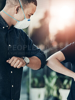 Buy stock photo Shot of a young man bumping elbows with an unrecognisable woman outdoors