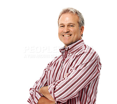 Buy stock photo Happy, arms crossed and portrait of man in studio for fashion, elegant and confident. Happiness, smile and mature with senior male model isolated on white background for pride, formal and mockup