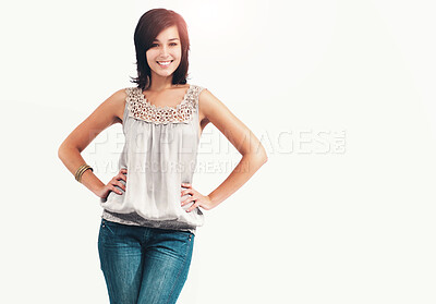 Buy stock photo Full-length confident young woman in jeans and top, isolated on white - copyspace