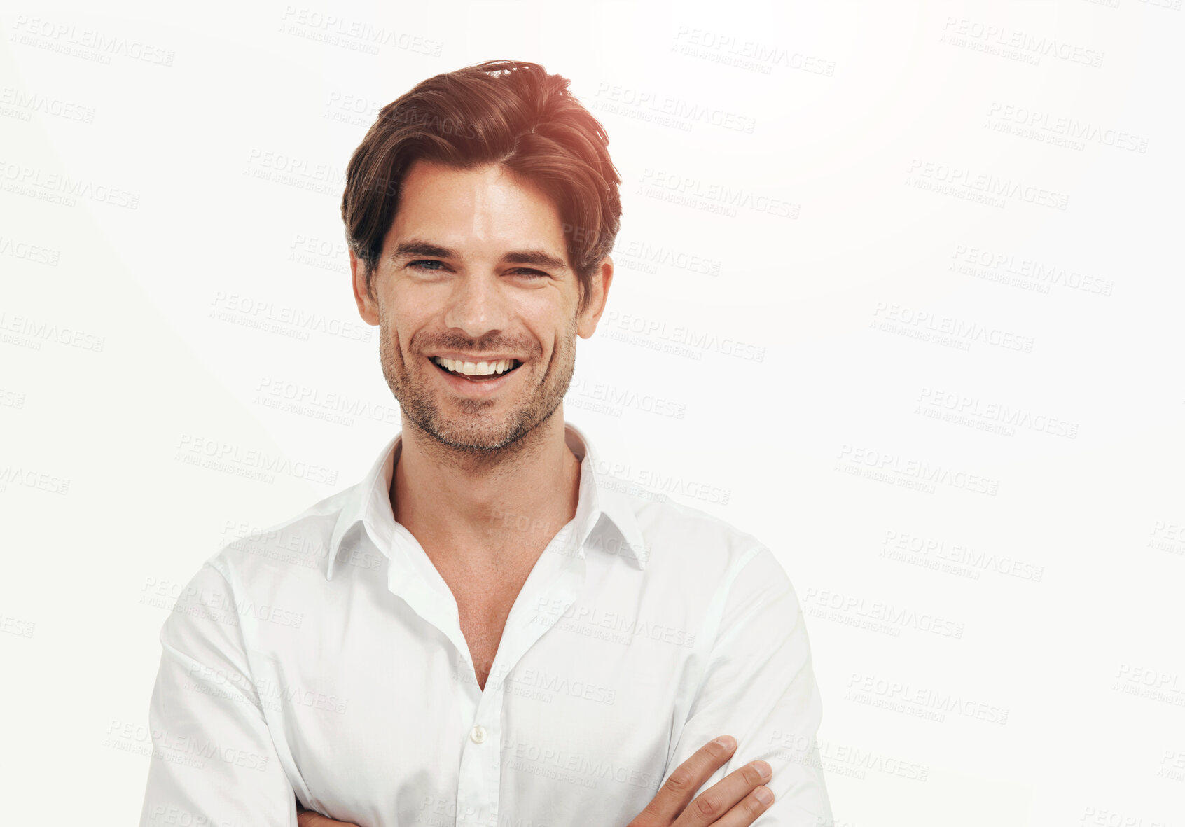 Buy stock photo Fashion, young and man model in a studio with a casual, brand apparel and luxury classy outfit. Happiness, natural and portrait of a male from Canada with trendy clothes isolated by white background.