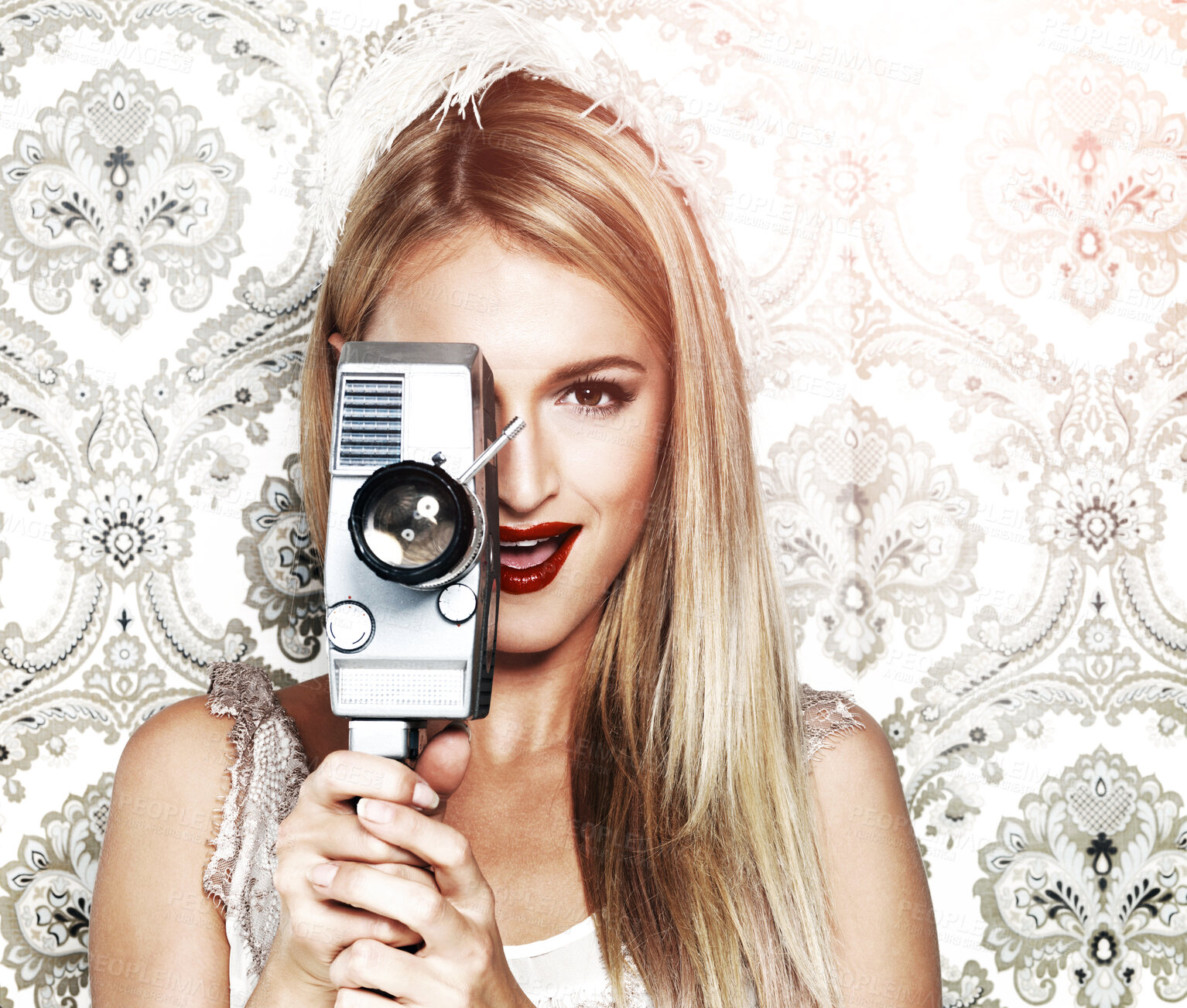 Buy stock photo Portrait, excited and woman with retro camcorder, fashion style and trendy on a wallpaper background. Face, vintage camera and happy blonde model in photoshoot, film video and photography technology