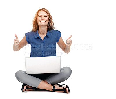 Buy stock photo Portrait, thumbs up and business woman on laptop in studio, happy for remote work on white background. Face, smile and winning hand sign by entrepreneur enjoying freelance, good news or goal success