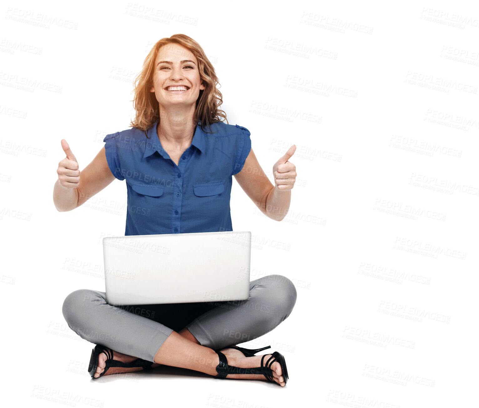 Buy stock photo Portrait, thumbs up and business woman on laptop in studio, happy for remote work on white background. Face, smile and winning hand sign by entrepreneur enjoying freelance, good news or goal success