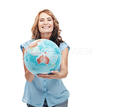 Buy stock photo A pretty young woman showing you Australia on a world globe