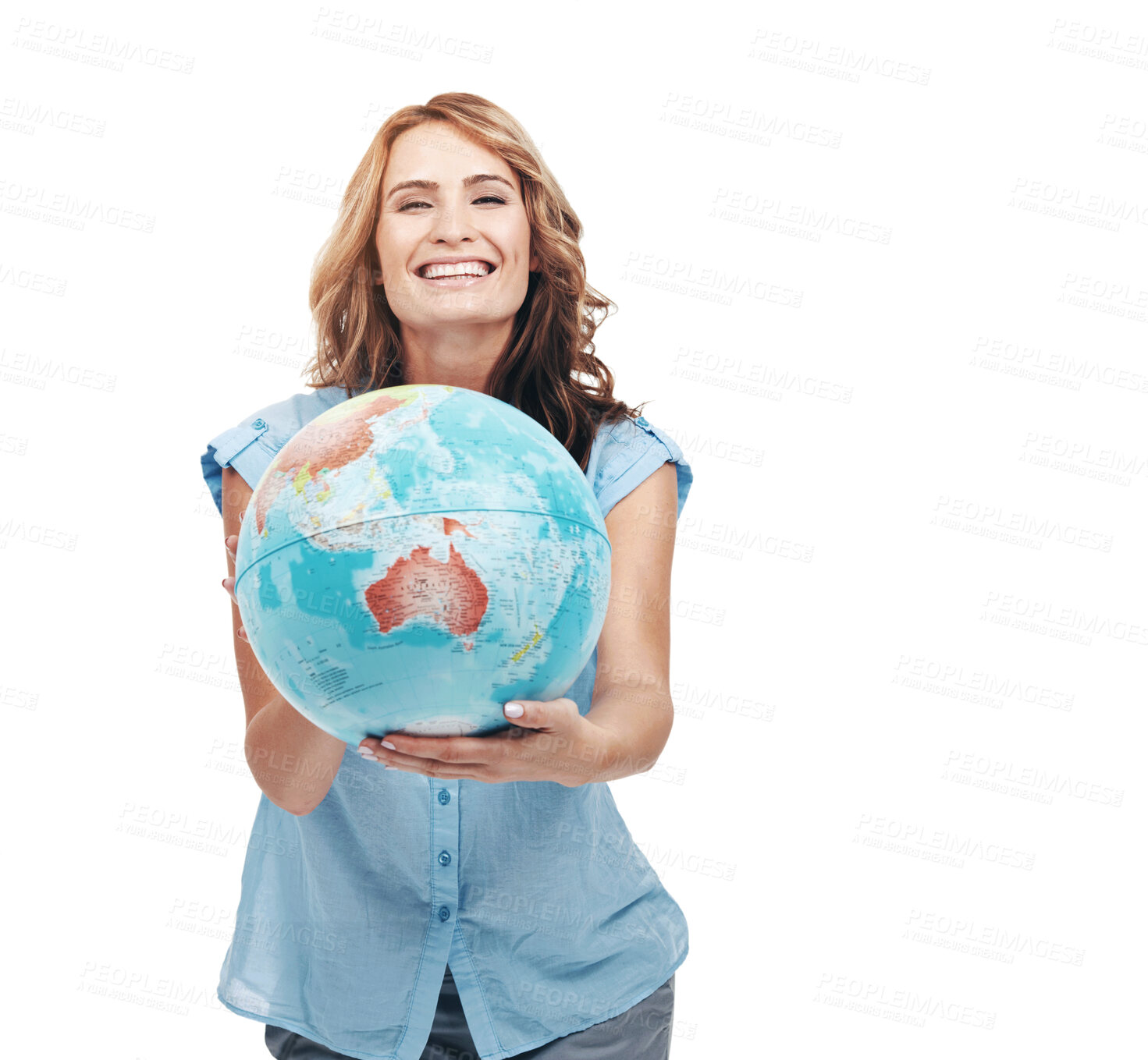 Buy stock photo A pretty young woman showing you Australia on a world globe