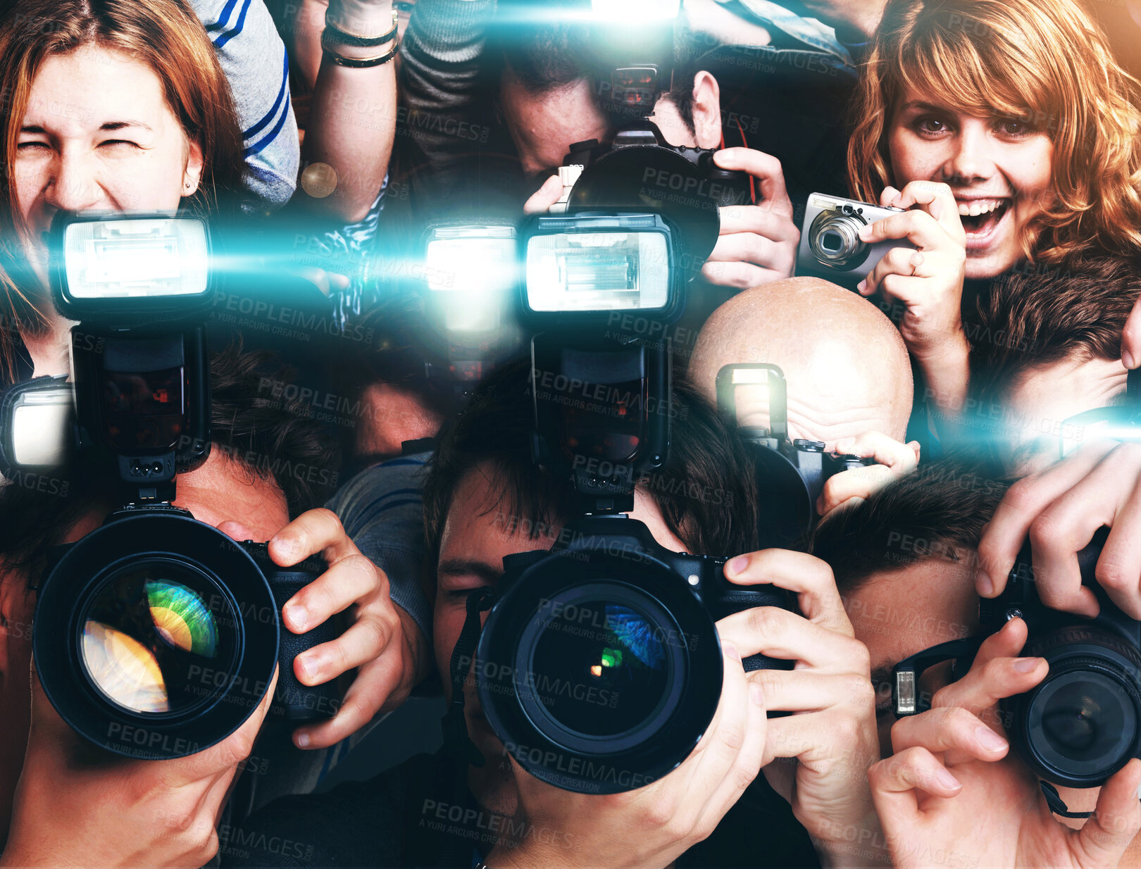 Buy stock photo A group of paparazzi and fans going hysterical - This is a highly retouched image and may not be a good option for a large poster project