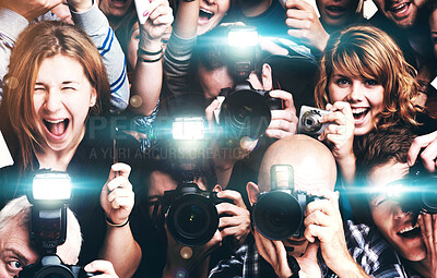 Buy stock photo A group of paparazzi and fans going hysterical - - This is a highly retouched image and may not be a good option for a large poster project