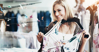 Buy stock photo Happy customer shopping for designer fashion at retail shop, excited about clothing choice at boutique and decision on clothes at a shop. Portrait of woman with happiness smile at store in mall