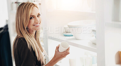 Buy stock photo Portrait of happy woman with smile shopping cup or plate or bowl in a retail shop or store. Customer check shelf for product and looking for sale and discount to buy or purchase goods in a boutique