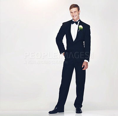 Buy stock photo Happy groom, in tuxedo at wedding or man in portrait with a smile on his face. Husband, classy and luxury tux or suit at an event or fashion studio with mockup or copy space background.