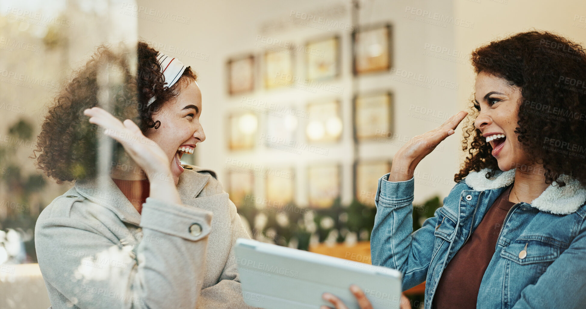 Buy stock photo Women, friends and high five with tablet at cafe with celebration for good news on employment. People, sisterhood and happy or smile for achievement, success and  congratulate for job application