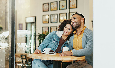 Buy stock photo Date, coffee and couple with smile, relax and bonding with hug, break and communication for relationship. Morning, breakfast and woman in cafe, love and man with care, tea and happy with embrace