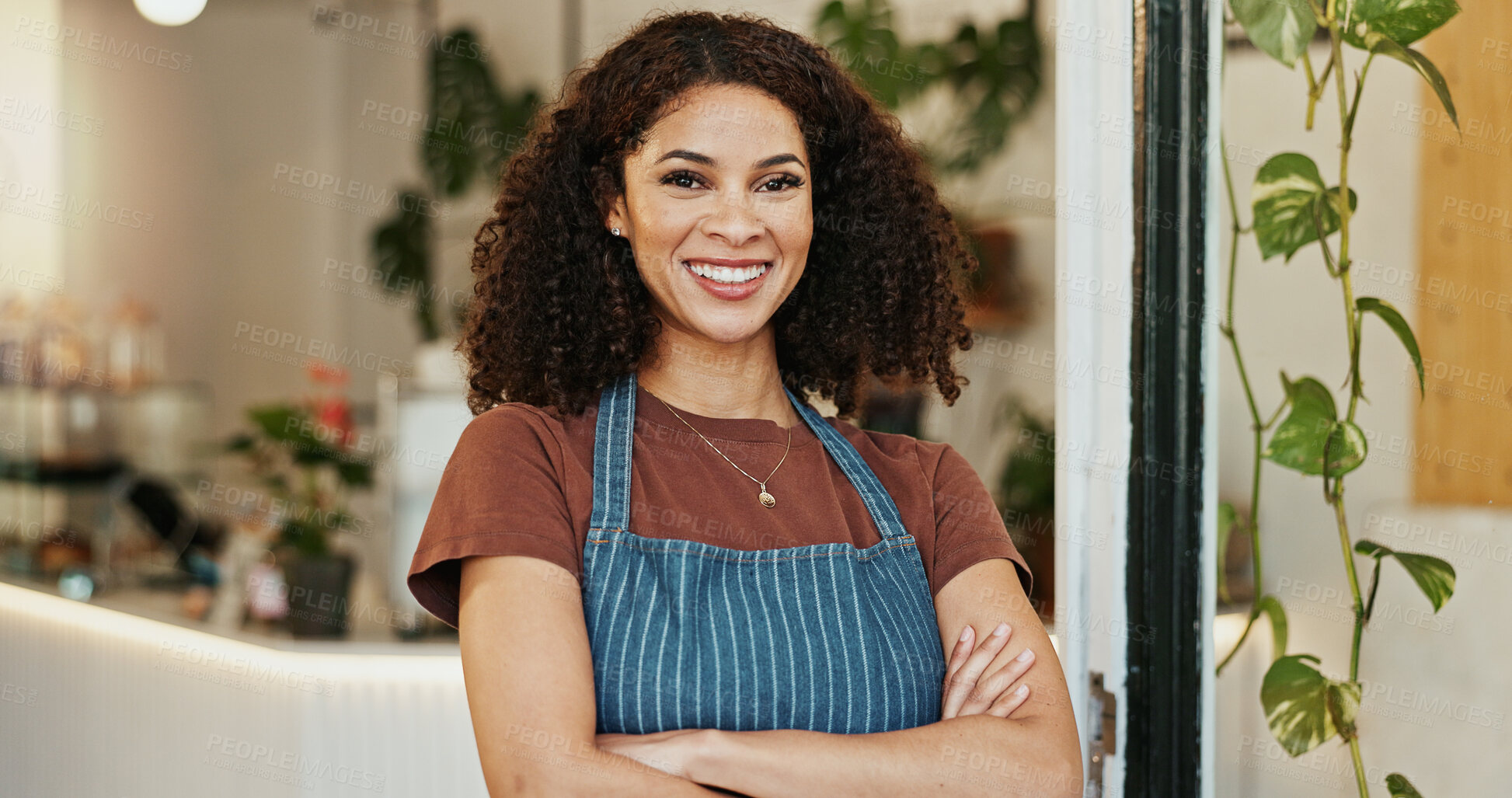 Buy stock photo Waitress, woman and happy with arms crossed at cafe with confidence in startup, growth and ownership. Coffee shop, small business and portrait with smile for restaurant progress and investment