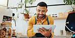 Waiter, tablet and smile in cafe for hospitality, website and service with virtual menu, stock and app. Black man, tech and happy in restaurant for online order, inventory and digital transformation