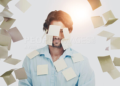 Buy stock photo Planning, stress and portrait of a businessman with sticky note on a white background in studio. Strategy, schedule and corporate worker tired of notes for a reminder or plan on a studio background