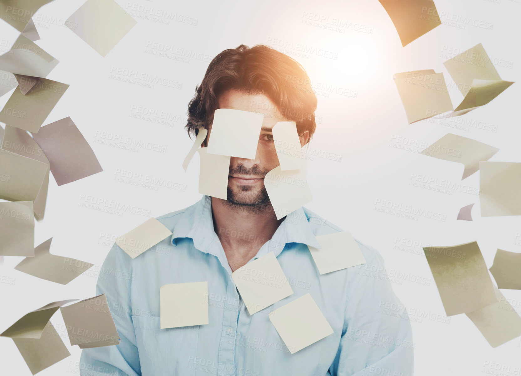 Buy stock photo Planning, stress and portrait of a businessman with sticky note on a white background in studio. Strategy, schedule and corporate worker tired of notes for a reminder or plan on a studio background