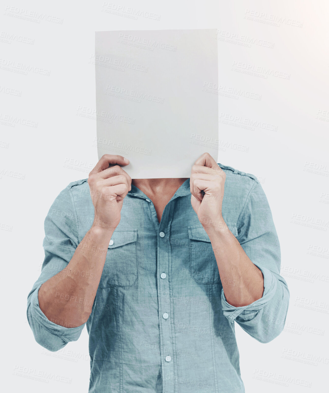 Buy stock photo Mockup, blank advertising poster and man with paper billboard for marketing or sale. Branding, mock up sign and person with board in front of face for advertisement with white background isolated