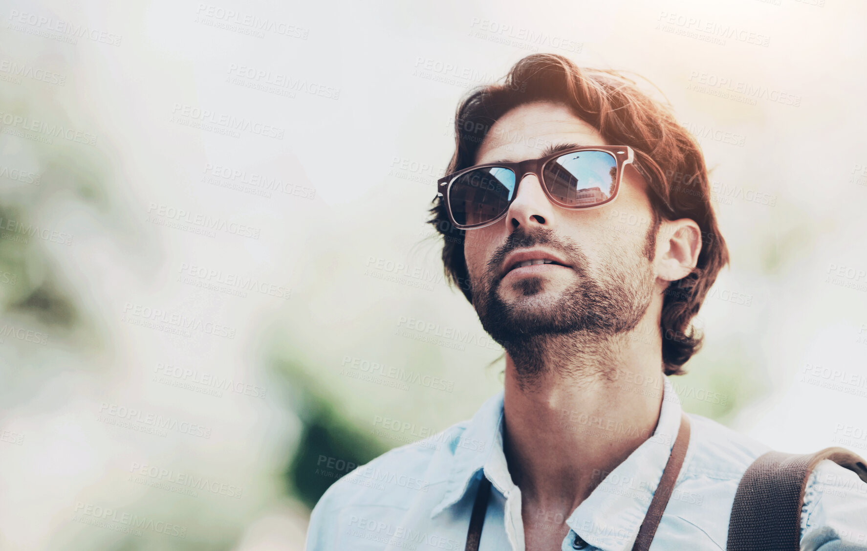 Buy stock photo Travel, man or tourist on holiday, vacation or weekend trip for a fun adventure in Italy with sunglasses. Bokeh mockup space, view or person with fashion or freedom sightseeing in nature journey 