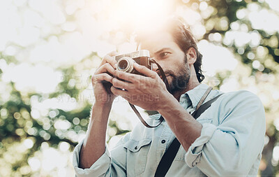 Buy stock photo Picture, photographer or man in park on holiday vacation trip for creativity, shooting or tourism memory. Photography, travel or male tourist with camera for sightseeing or trees in nature in summer