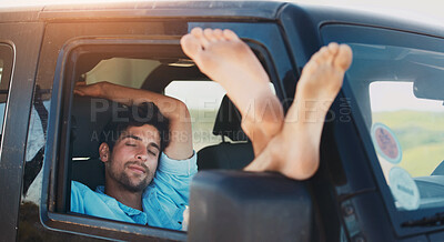 Buy stock photo Travel, tired and man in a car, sleeping and road trip on a break, getaway and resting with transport. Male person, traveler and guy in a vehicle, fatigue and driver with dream, vacation and holiday 