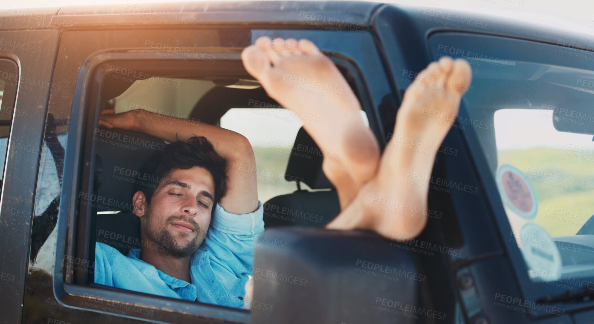 Buy stock photo Travel, tired and man in a car, sleeping and road trip on a break, getaway and resting with transport. Male person, traveler and guy in a vehicle, fatigue and driver with dream, vacation and holiday 