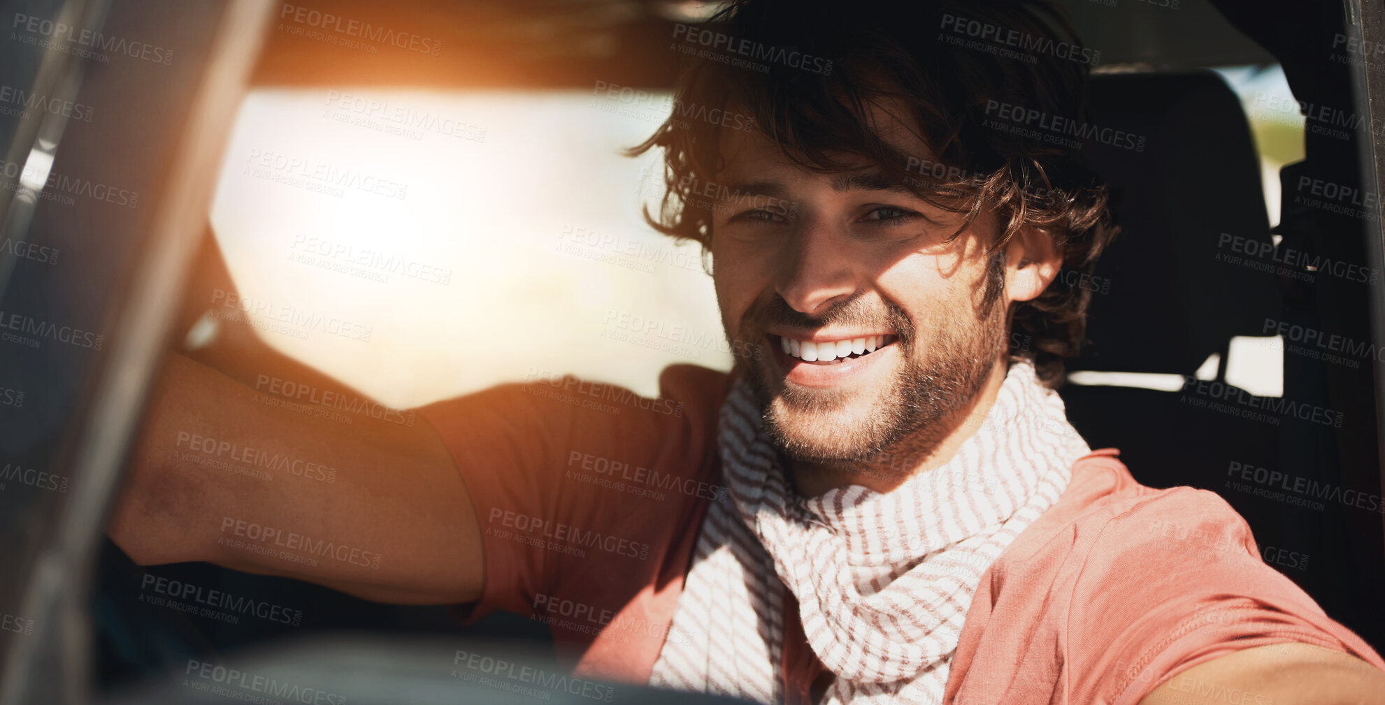 Buy stock photo Smile, portrait and man in car on road trip with freedom, travel and desert adventure for summer vacation. Transport, holiday journey and happy driver in van with nature, sunshine and countryside.