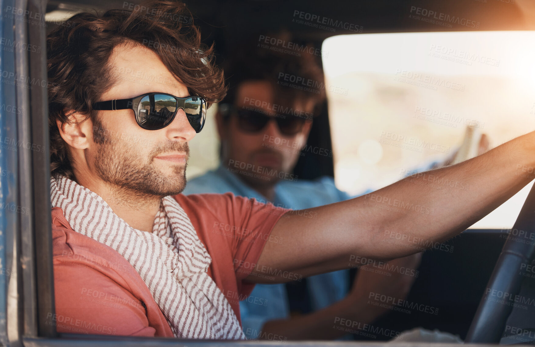 Buy stock photo Road trip, driving and men for travel adventure, journey and holiday in summer, sunglasses and tourism. Driver, people or young friends for transport, car and conversation, talking and real vacation