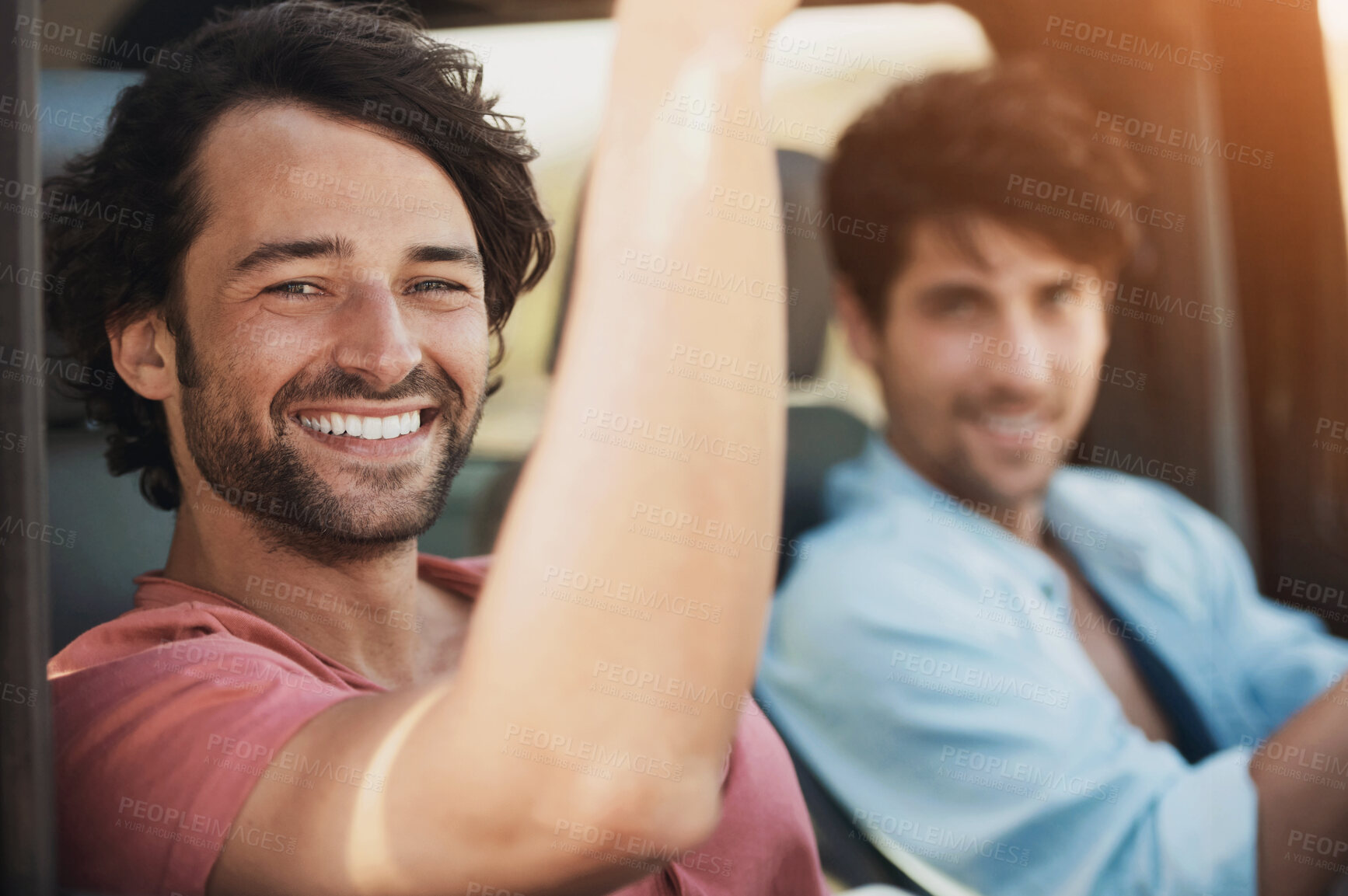 Buy stock photo Happy, travel and portrait of men in a car for a drive, road trip or holiday together. Smile, journey and friends driving in transportation for vacation, happiness or an adventure or bonding