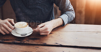 Buy stock photo Cropped image of male hands and a cup of coffee