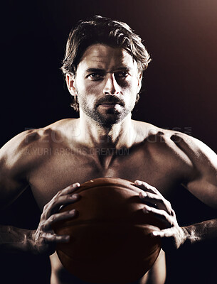 Buy stock photo Muscle, strong and portrait of man with basketball in studio isolated on black background. Sports, serious face and athlete with ball, body abs or workout, fitness or training to exercise for health