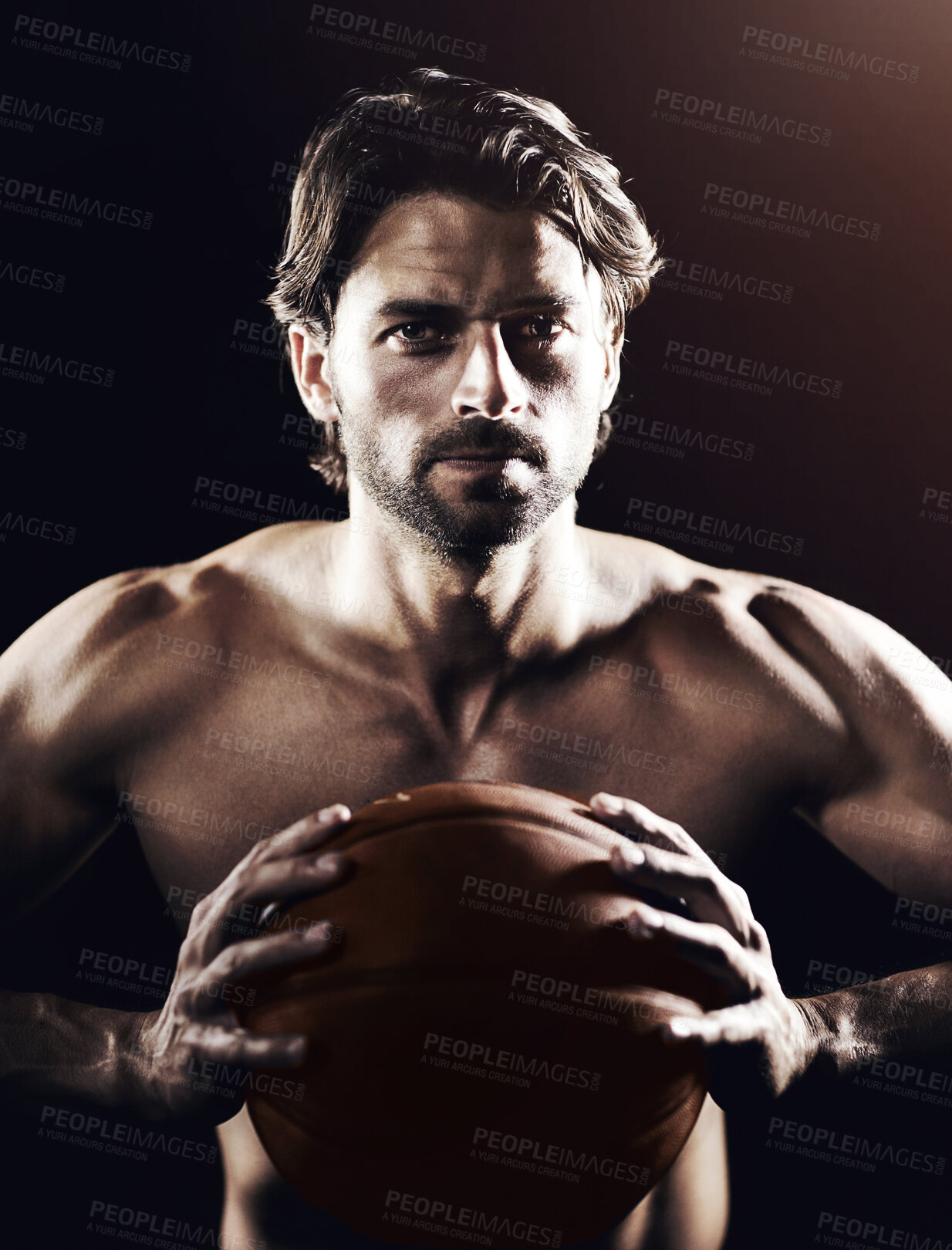 Buy stock photo Muscle, strong and portrait of man with basketball in studio isolated on black background. Sports, serious face and athlete with ball, body abs or workout, fitness or training to exercise for health