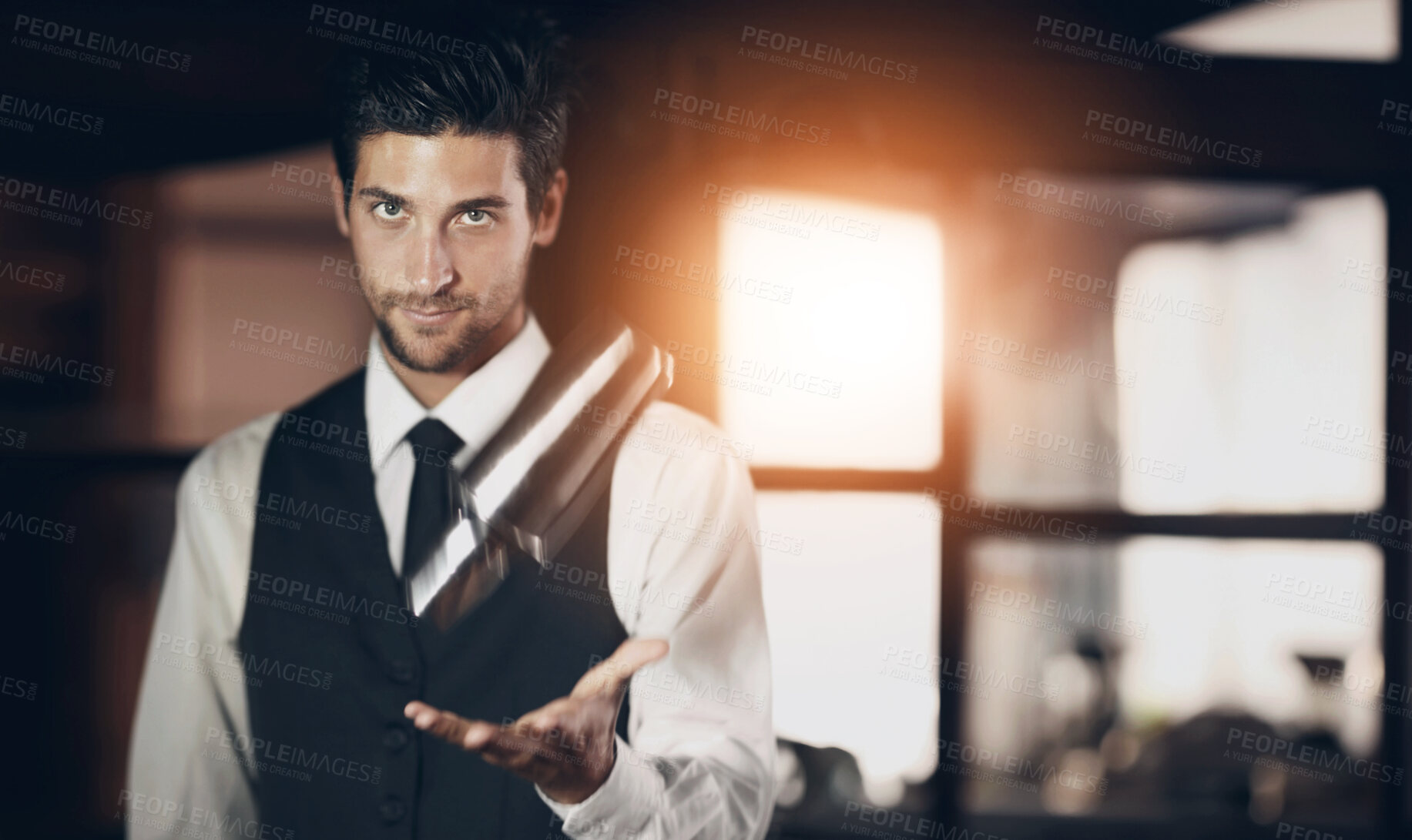 Buy stock photo Portrait, bartender and working at restaurant with cocktail mixer and service to customer at night hotel. Man, mixologist or expert barman with alcohol drink or wine cooler, clients and hospitality