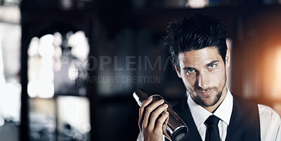 Buy stock photo Shake, cocktail and portrait of bartender with a drink for customer in dark club or night. Mixing, alcohol and face of barman with liquor in metal container or shaker for a strong beverage in a bar