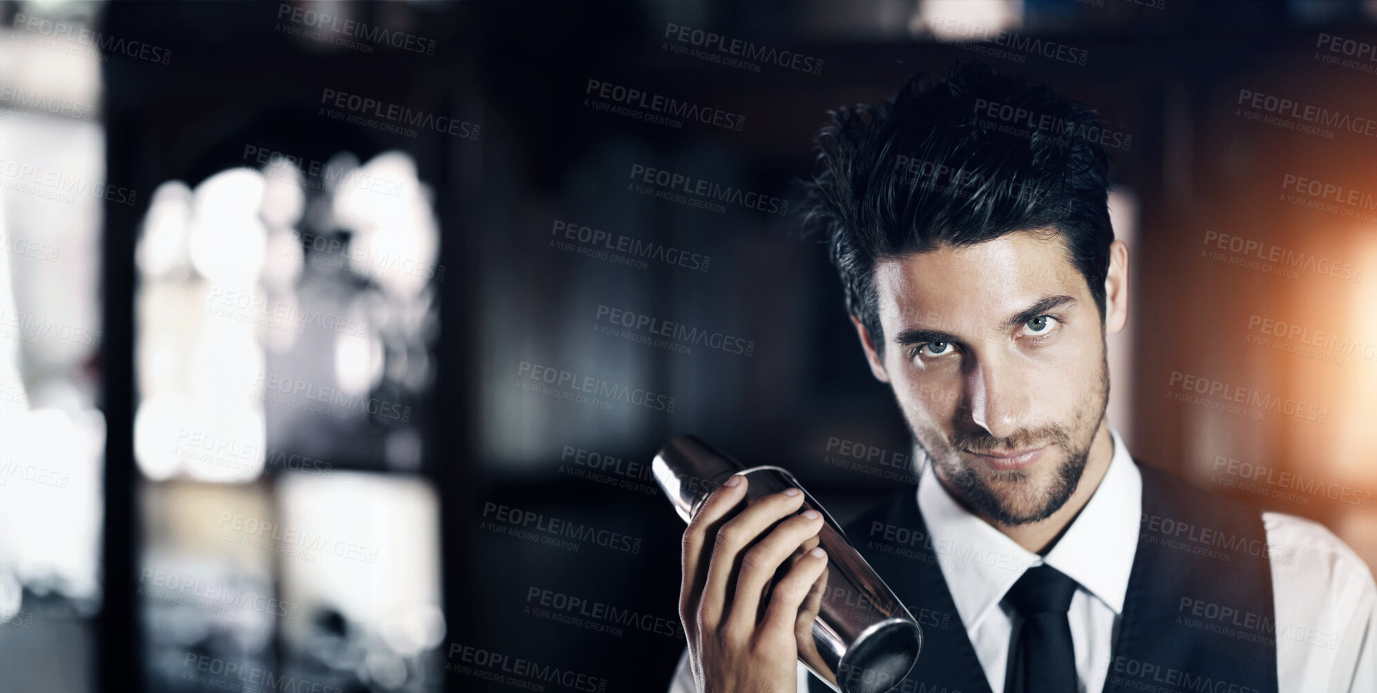 Buy stock photo Shake, cocktail and portrait of bartender with a drink for customer in dark club or night. Mixing, alcohol and face of barman with liquor in metal container or shaker for a strong beverage in a bar