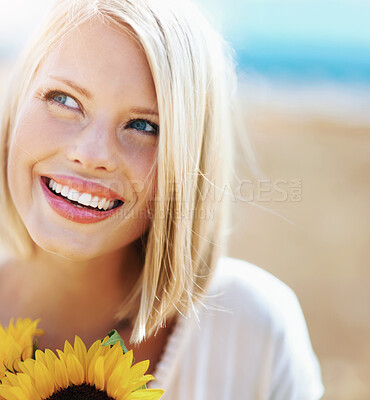 Buy stock photo Happy woman, face and thinking with flowers for summer break, eco friendly or vacation in nature. Closeup of female person smile in happiness with plant, outdoor or petal for season change outside