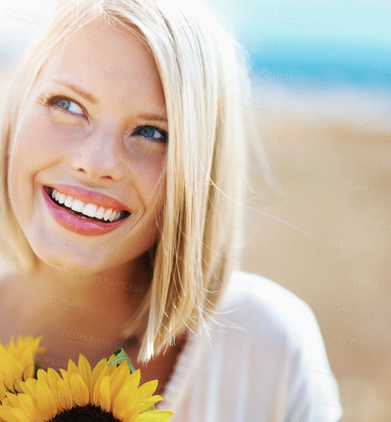 Buy stock photo Happy woman, face and thinking with flowers for summer break, eco friendly or vacation in nature. Closeup of female person smile in happiness with plant, outdoor or petal for season change outside