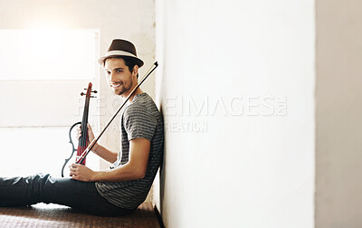 Buy stock photo Portrait, musician and man with a violin, smile and training for a performance, sound or happiness at home. Face, male person of happy violinist with joy, creativity and instrument with entertainment