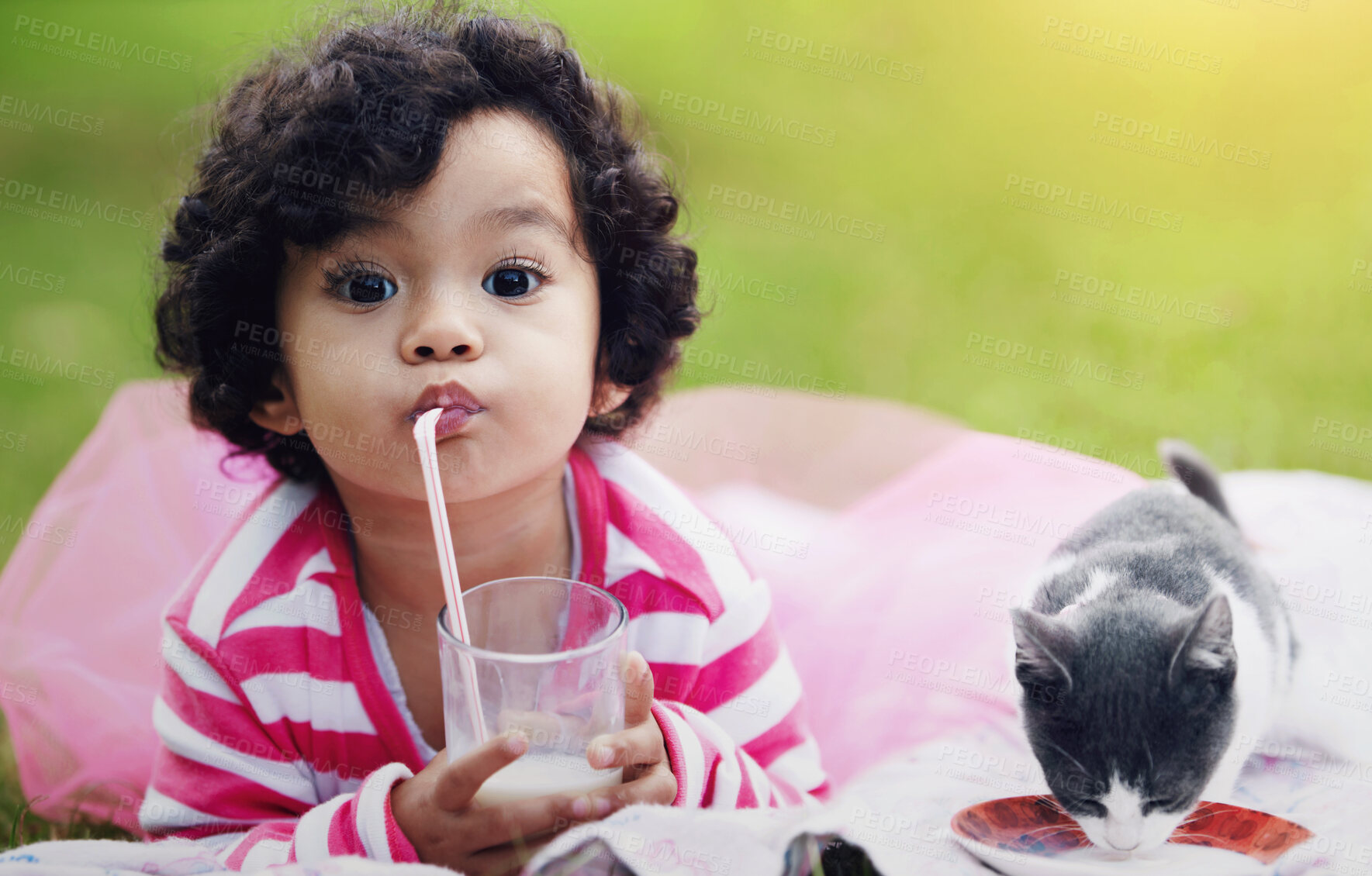 Buy stock photo Cute little girl drinking milk through a straw while lying on the grass next to her kitten