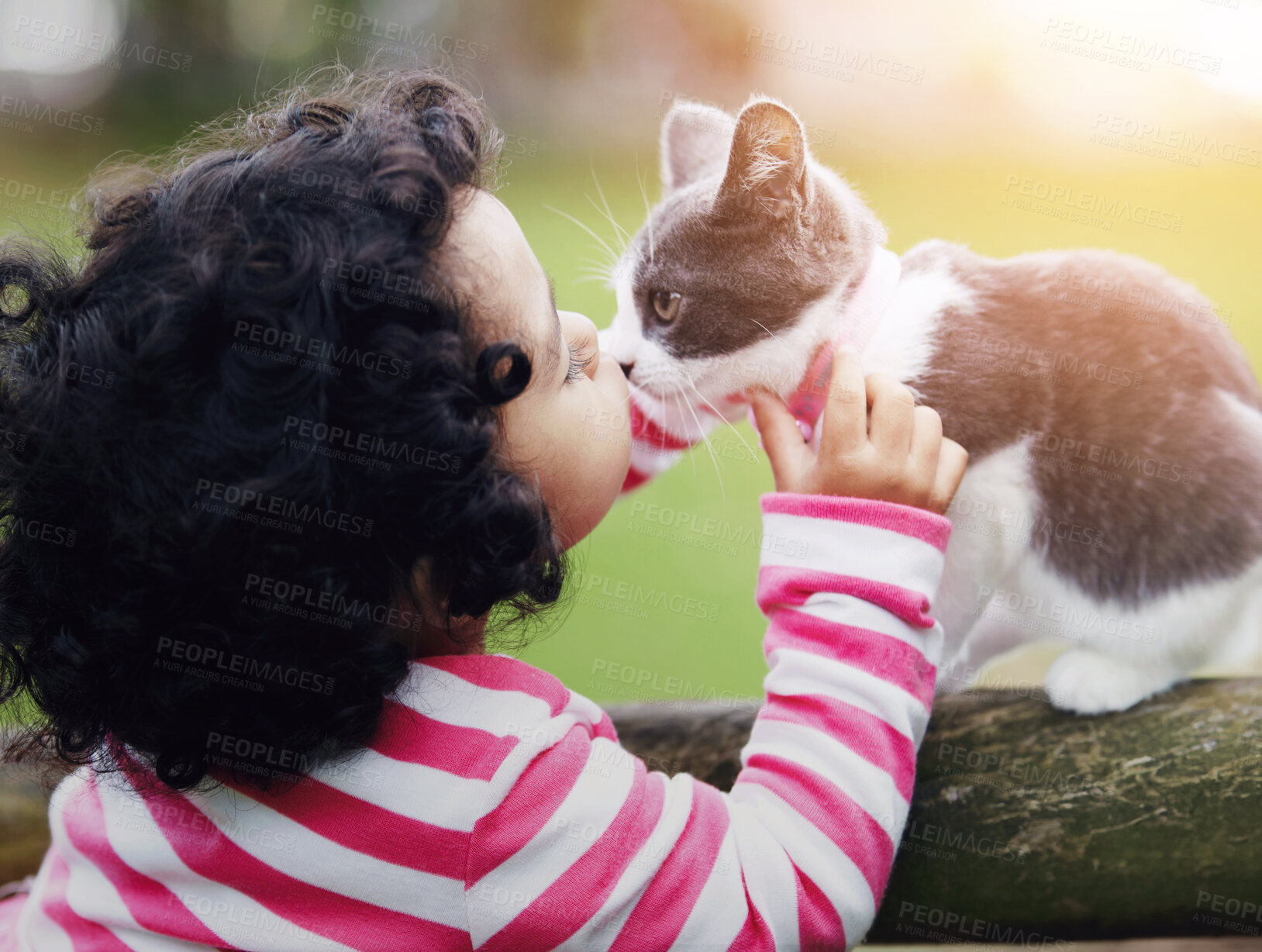 Buy stock photo Shot of a cute little girl kissing her kitten