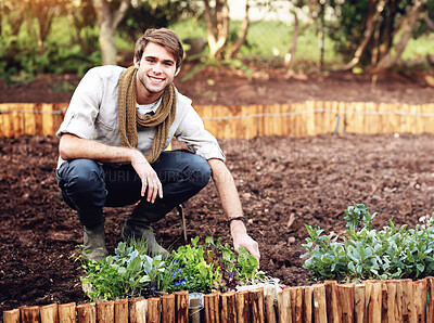 Buy stock photo Handsome young guy getting ready to plant some seedlings in his vegetable garden