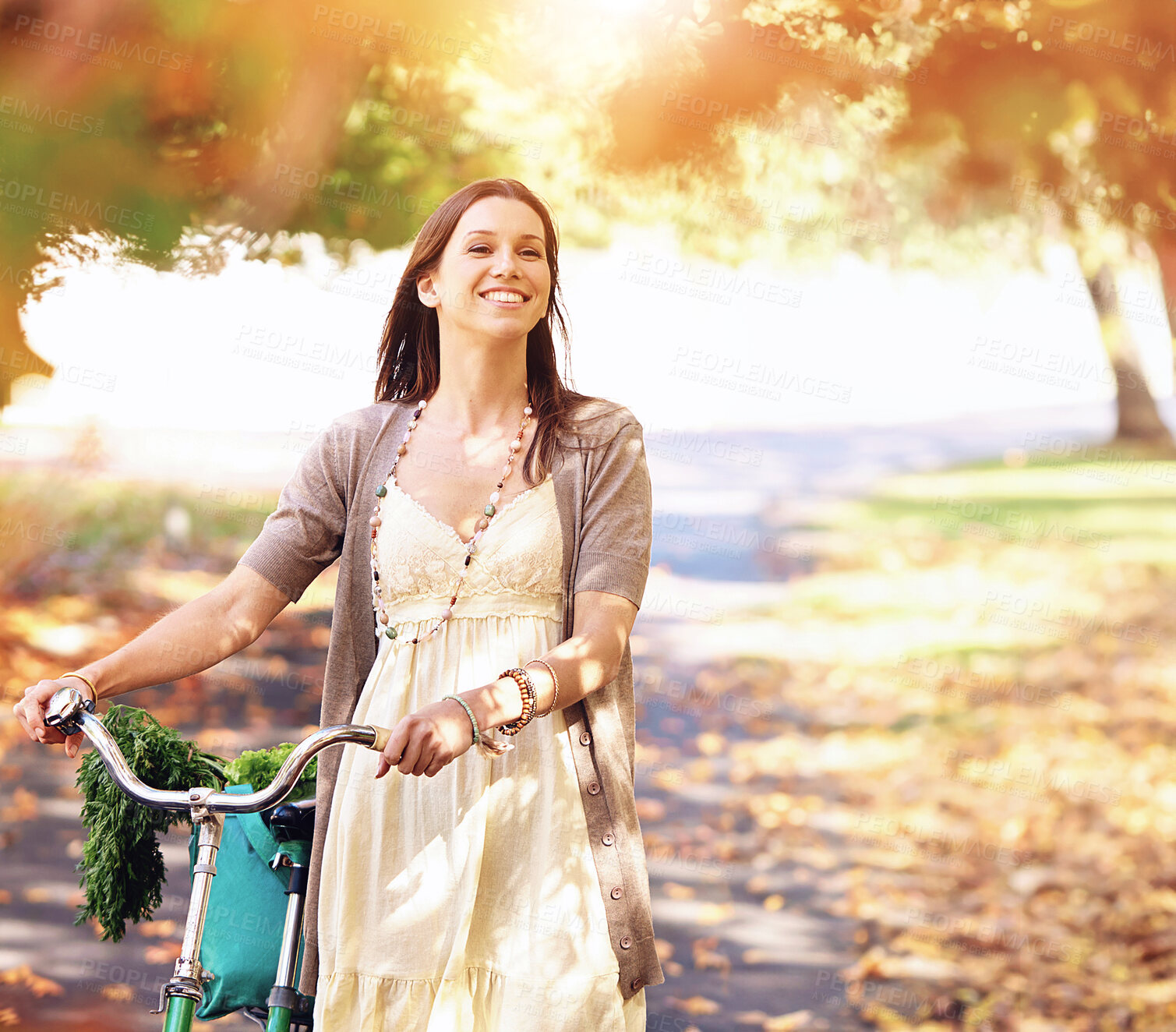 Buy stock photo Shot of an attractive young woman in the park on an autumn day