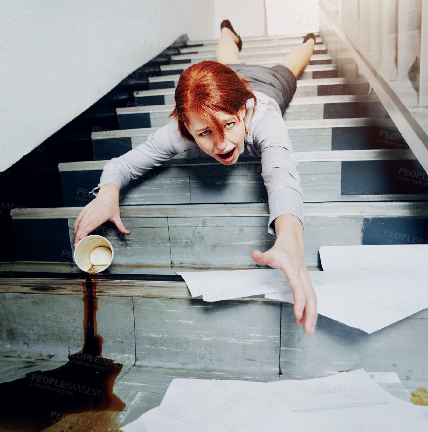 Buy stock photo Woman, falling down and stairs for injury, accident and wow with coffee, documents or paperwork in building. Business, person or employee slipping on steps at work or office with paper, cup and shock